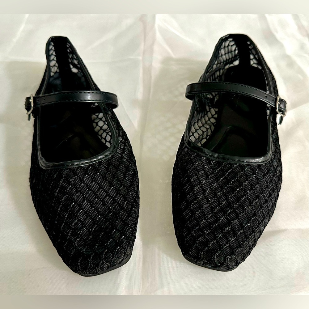 Rita Ora black mesh flats